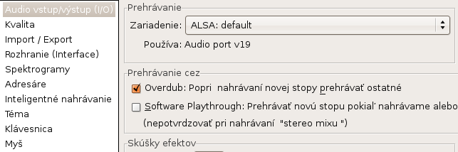 Výber zariadenia Audacity