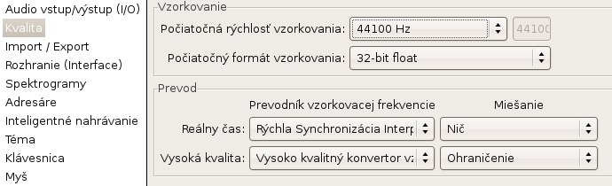 Nastavnie kvality Audacity