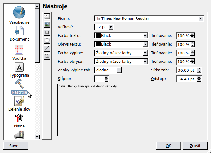 Scribus nastavenia nástroje