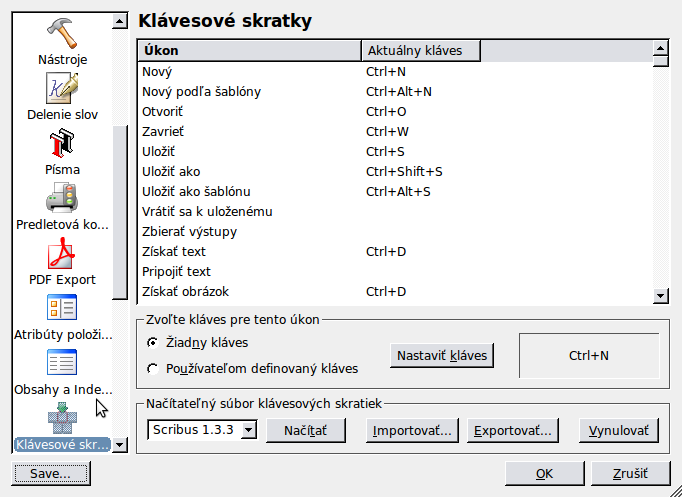 Scribus nastavenia klavesové skratky
