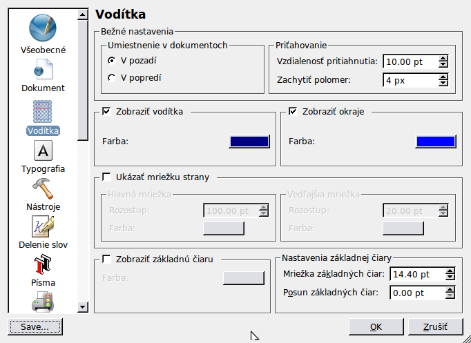 Scribus nastavenia vodítka